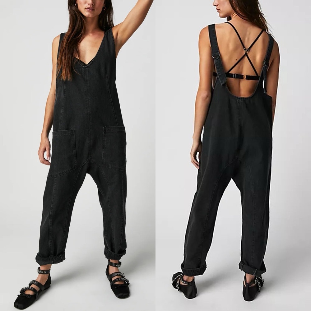 Free People 🌿 High Roller Mineral Black Denim Overalls Jumpsuit